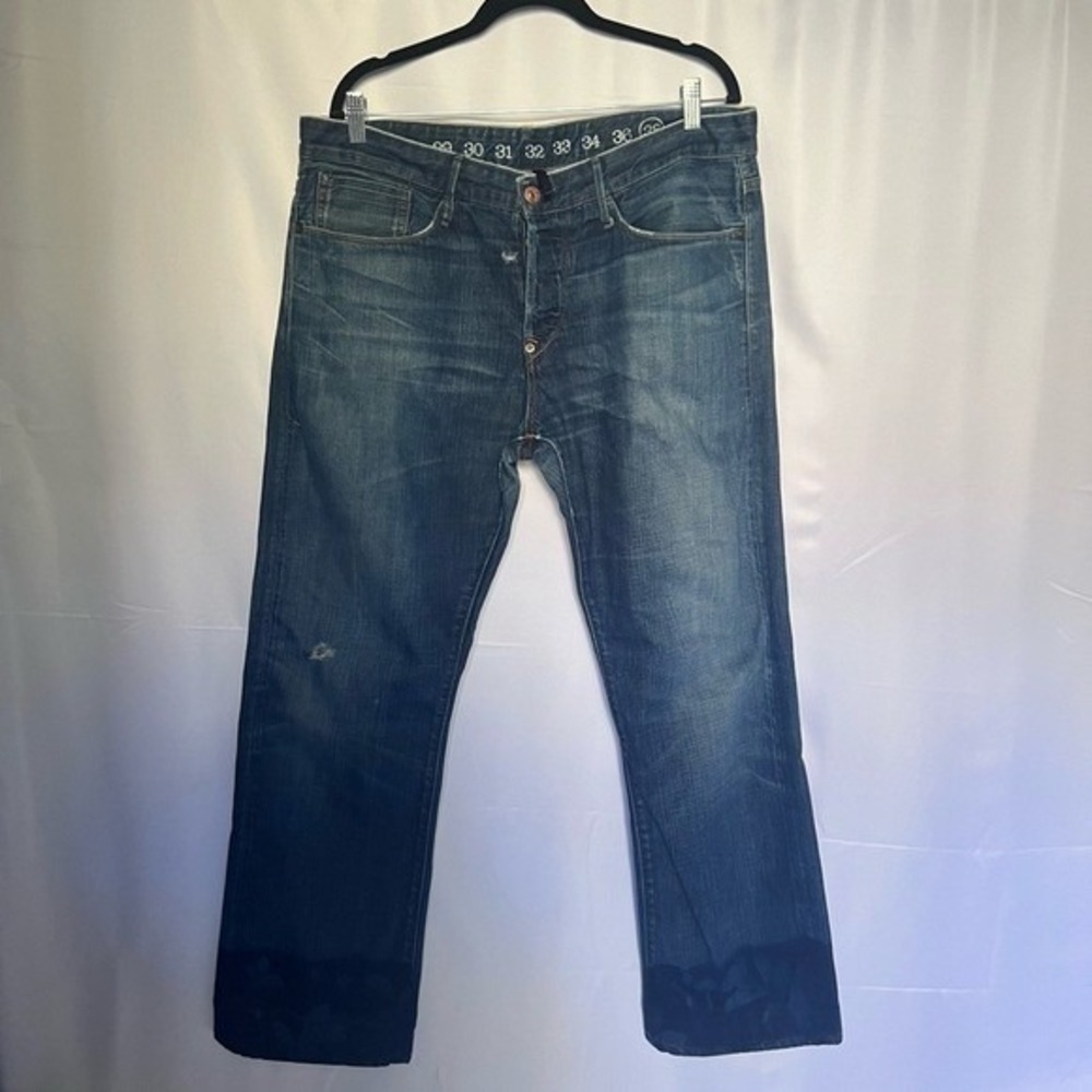 Earnest Sewn Jeans Size 38. Button fly. Floral Cyanotype Sun print on hem Boho